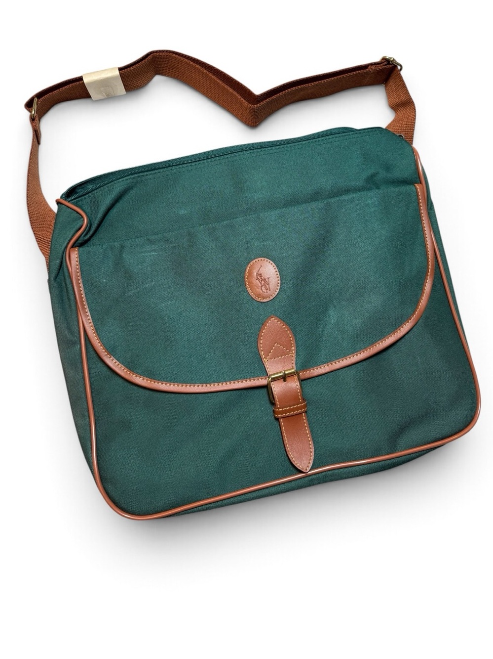 Vintage Ralph Lauren Dark Green Canvas Messenger Bag with Brown Trim